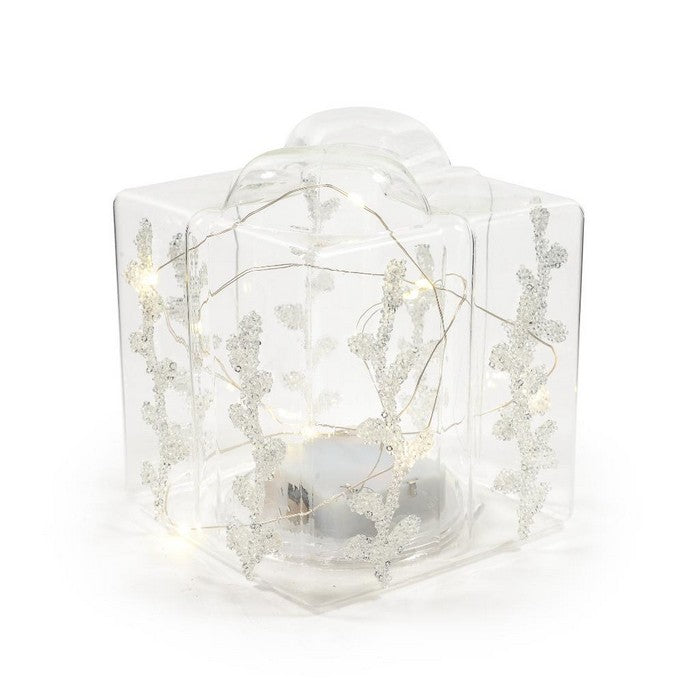 Pacco regalo in vetro trasparente con perline e luci 14 cm