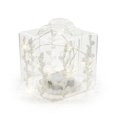 Pacco regalo in vetro trasparente con perline e luci 14 cm