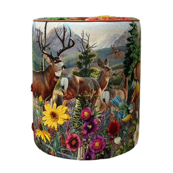 Pouf rotondo in velluto con alce e fiori 40 cm - BEST - 63414715646330