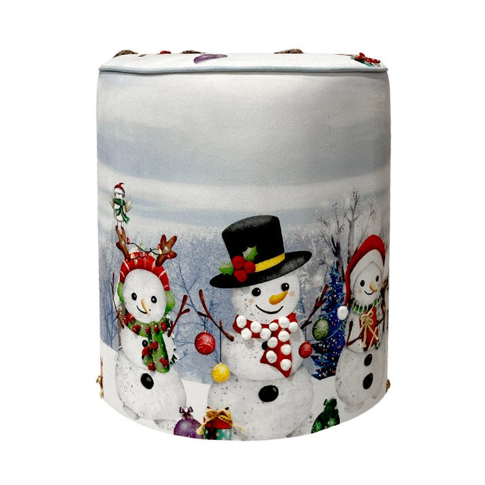 Pouf natalizio rotondo in velluto con pupazzi di neve 40 cm