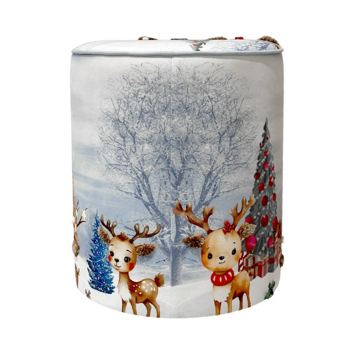 Pouf natalizio rotondo in velluto con pupazzi di neve 40 cm