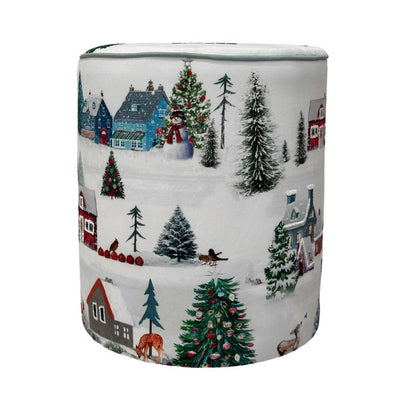 Pouf natalizio rotondo in velluto con paesaggio innevato 40 cm