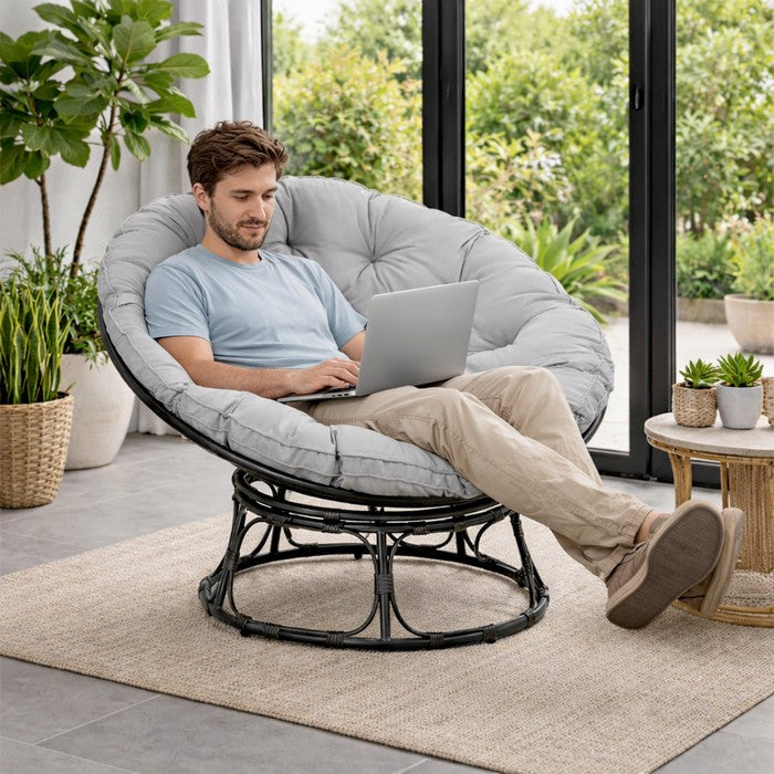 Poltrona relax rotonda da giardino con cuscino in metallo e vimini - Moon