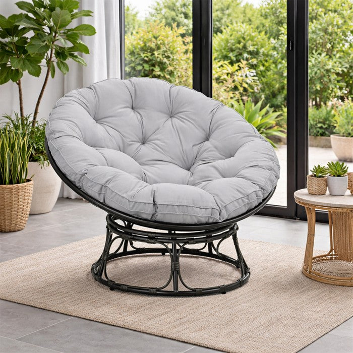 Poltrona relax rotonda da giardino con cuscino in metallo e vimini - Moon