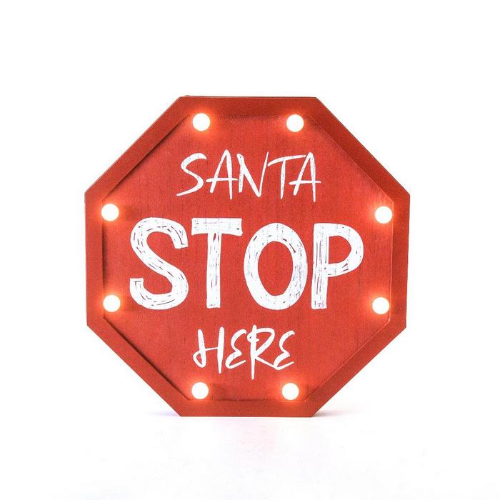 Cartello Santa Stop Here per decorazione natalizia con LED a batteria 30 cm