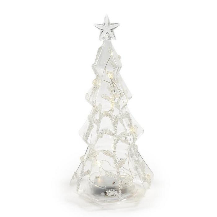Albero per decorazione natalizia in vetro con perline e luci a LED 27 cm