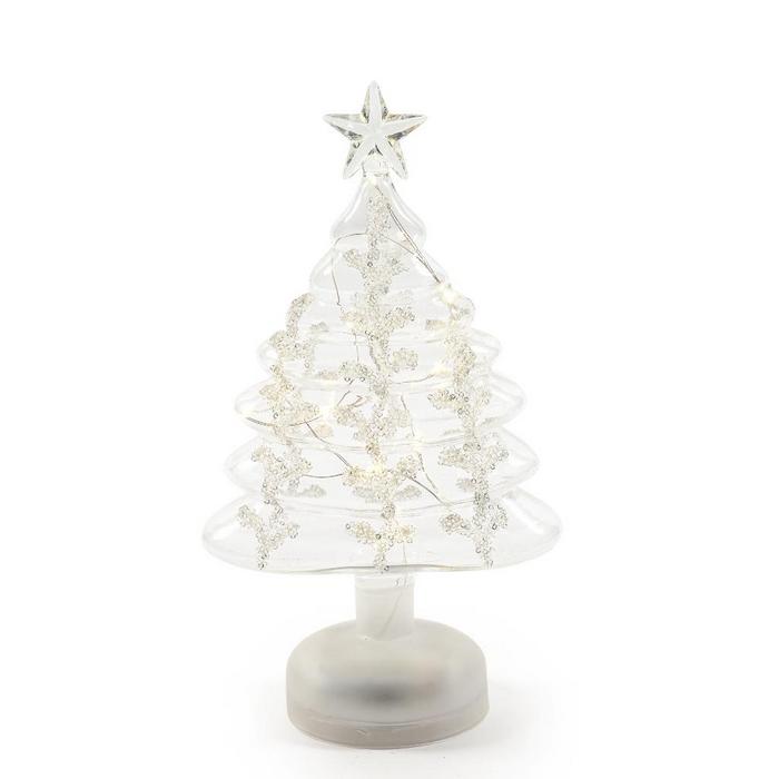 Albero per decorazione natalizia in vetro con perline e luci a LED 26 cm