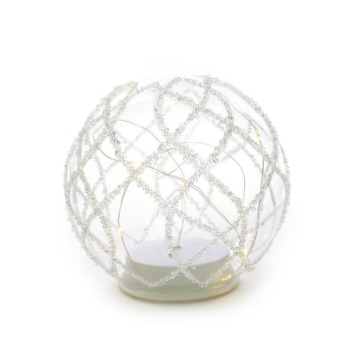 Sfera per decorazione natalizia in vetro con perline e luci a LED 15 cm