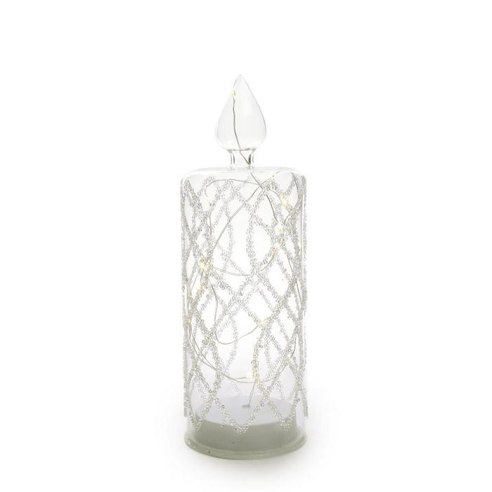 Candela per decorazione natalizia in vetro con perline e luci a LED 26 cm