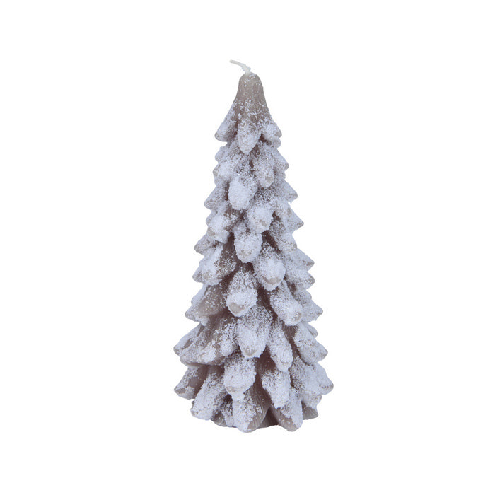 Candela a forma di abete innevato con glitter 16 cm