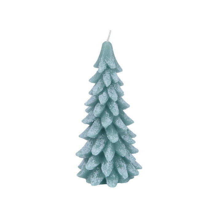 Candela a forma di abete innevato con glitter 16 cm