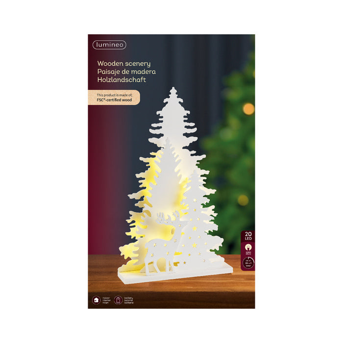 Decorazione natalizia in metallo bianco con paesaggio, con LED bianco caldo 36 cm