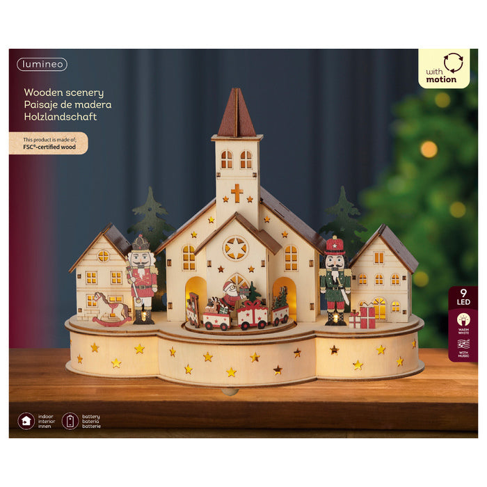 Paesaggio natalizio in compensato con LED 30 cm