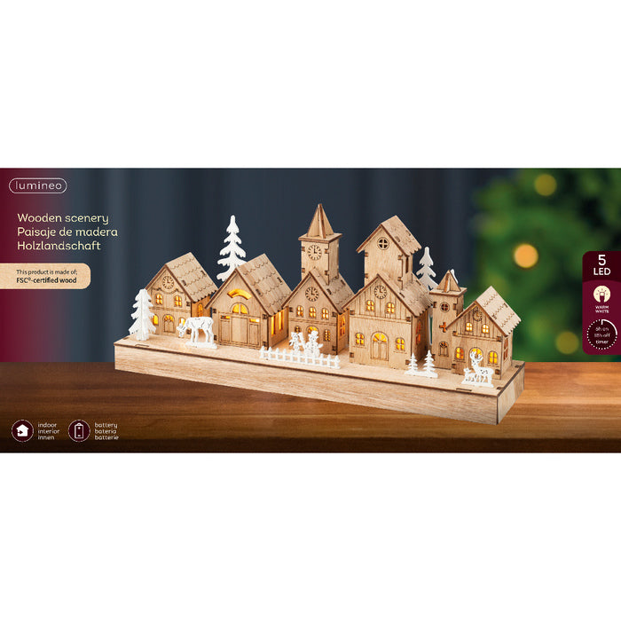 Villaggio natalizio in legno compensato con LED 30 cm