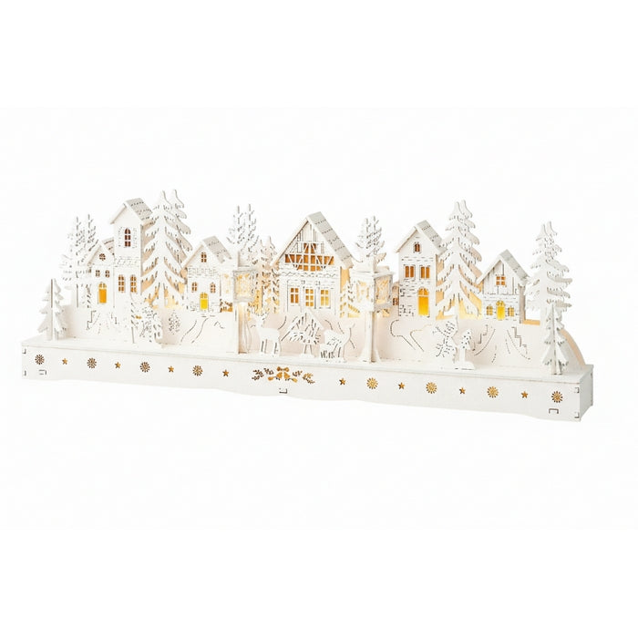 Villaggio natalizio in legno compensato bianco con LED 45 cm