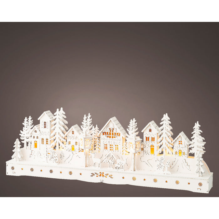 Villaggio natalizio in legno compensato bianco con LED 45 cm