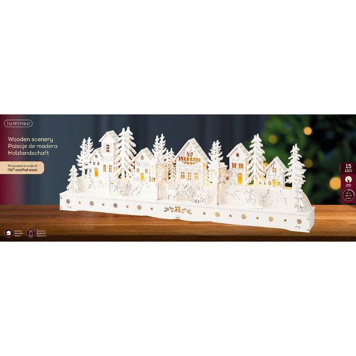 Villaggio natalizio in legno compensato bianco con LED 45 cm