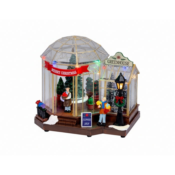 Scena natalizia serra con alberi, movimento, musica e LED