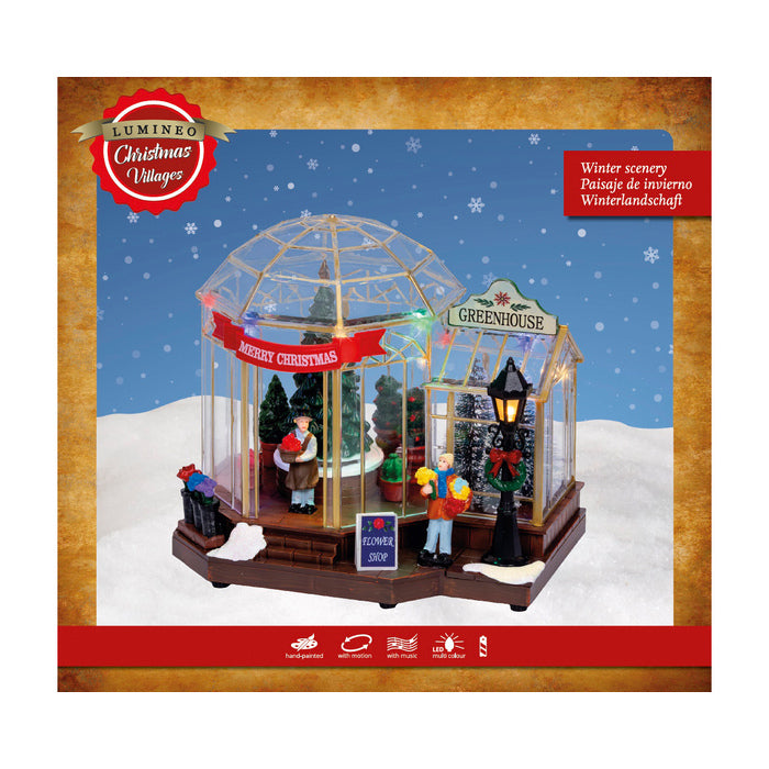 Scena natalizia serra con alberi, movimento, musica e LED