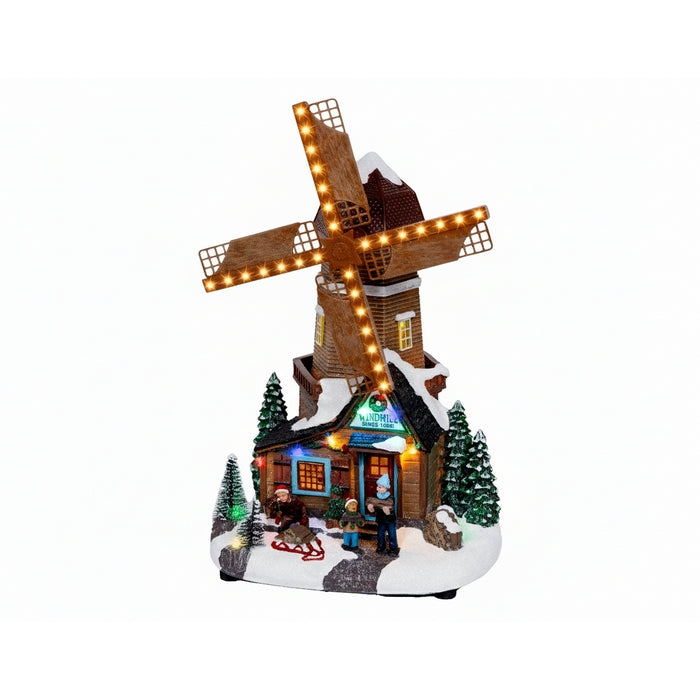 Mulino per decorazione natalizia in poliresina con LED, musica e movimento