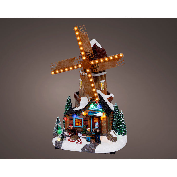 Mulino per decorazione natalizia in poliresina con LED, musica e movimento