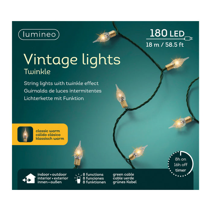 Luci natalizie 180 LED vintage con 8 funzioni e timer interno/esterno cavo verde 18 mt