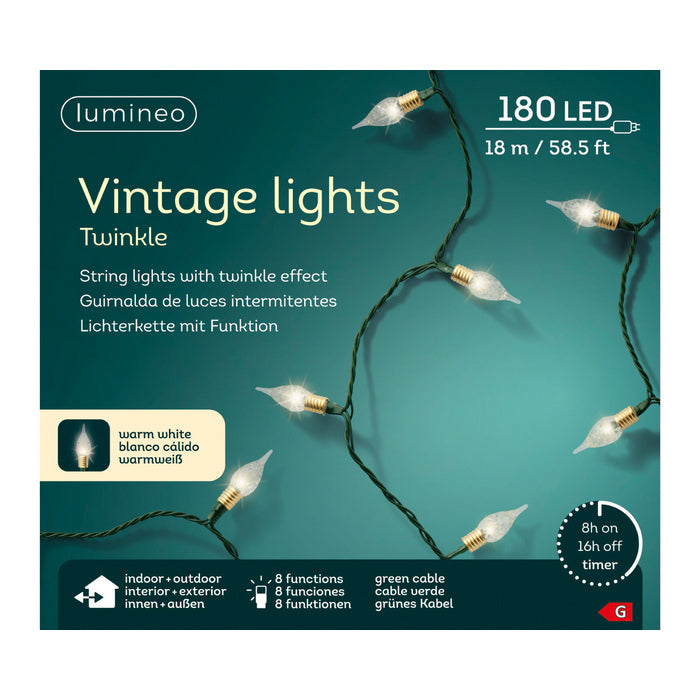 Luci natalizie 180 LED vintage con 8 funzioni e timer interno/esterno cavo verde 18 mt
