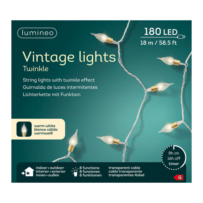 Luci natalizie 180 LED vintage con 8 funzioni e timer interno/esterno cavo bianco 18 mt