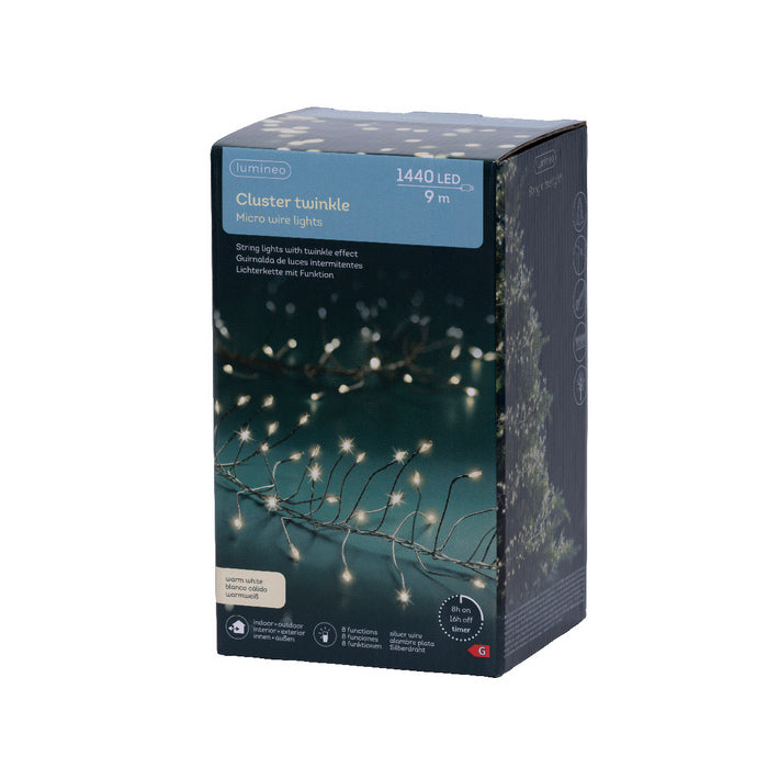 Micro LED a grappolo per decorazione natalizia, 1440 LED con cavo nero e timer, 9 mt