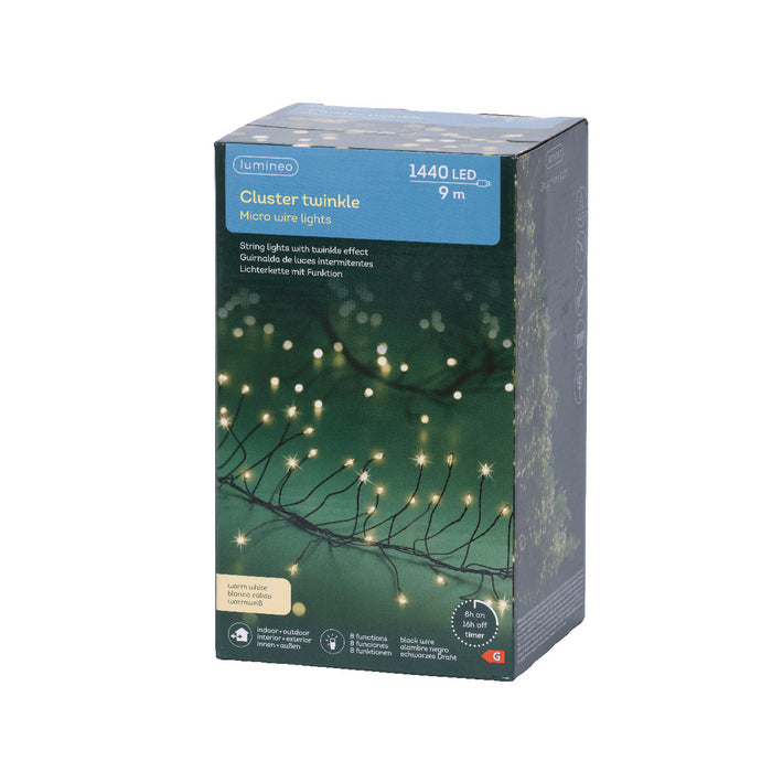 Micro LED a grappolo per decorazione natalizia, 1440 LED con cavo nero e timer, 9 mt