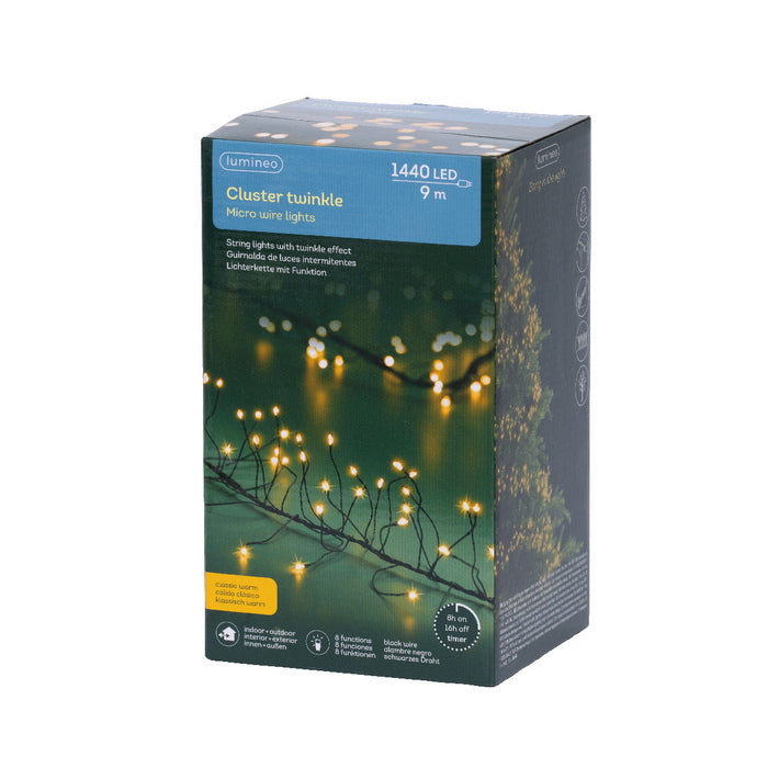 Micro LED a grappolo per decorazione natalizia, 1440 LED con cavo nero e timer, 9 mt