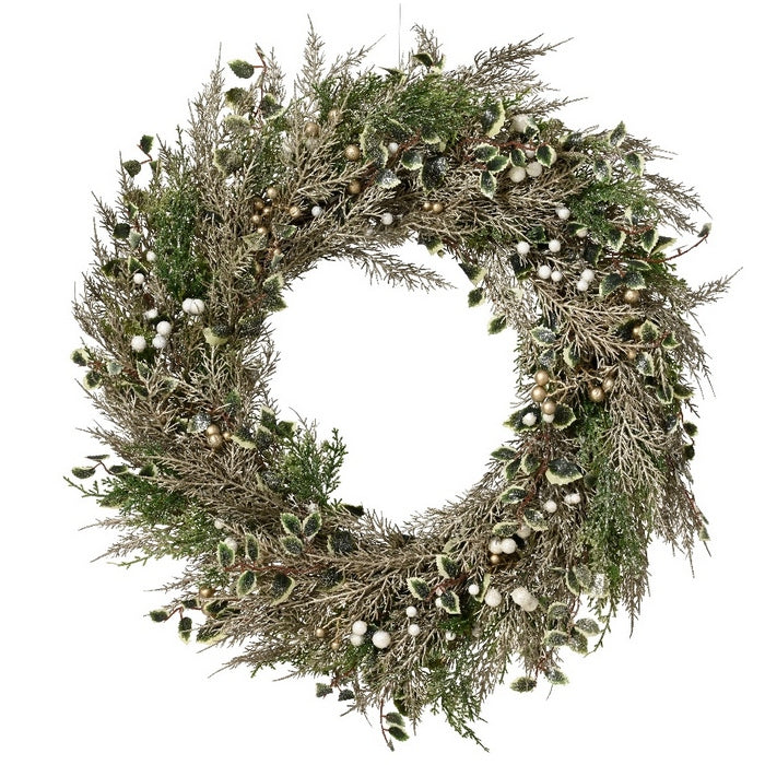 Corona natalizia per decorazione con foglie di champagne glitterate e bacche 60 cm