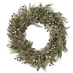 Corona natalizia per decorazione con foglie di champagne glitterate e bacche 60 cm