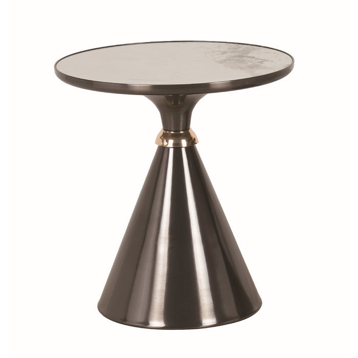 Tavolino tondo in metallo nero con piano in pietra