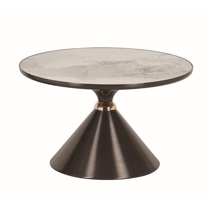 Tavolino tondo in metallo nero con piano in pietra