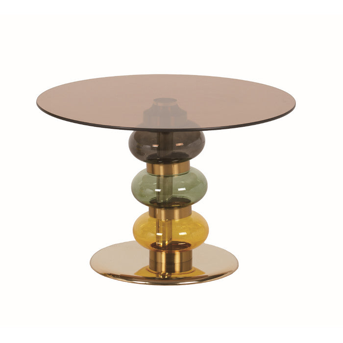 Tavolino tondo in vetro colorato con base in metallo