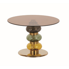 Tavolino tondo in vetro colorato con base in metallo