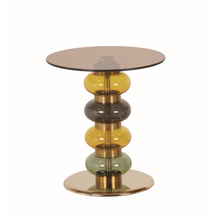 Tavolino tondo in vetro colorato con base in metallo