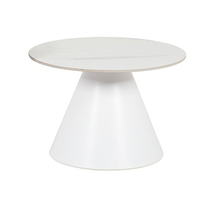 Tavolino tondo in metallo bianco con piano in pietra