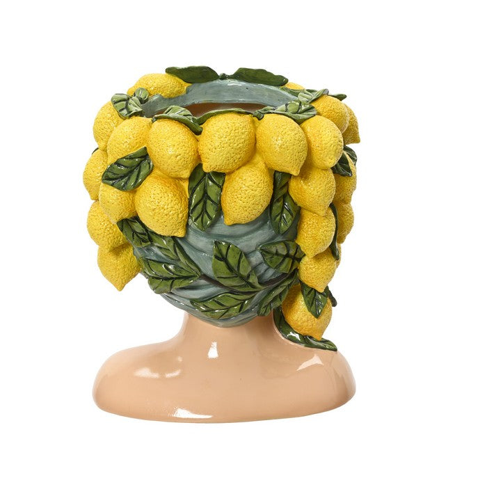 Vaso decorativo testa femminile con limoni in poliresina
