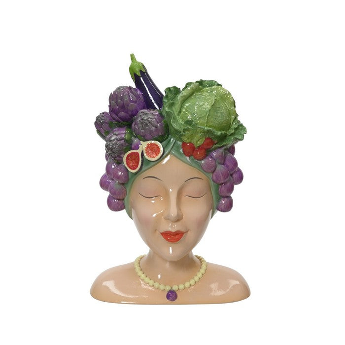 Vaso decorativo testa femminile con frutta in poliresina