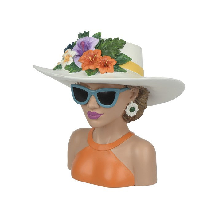 Vaso decorativo testa femminile con occhiali in poliresina