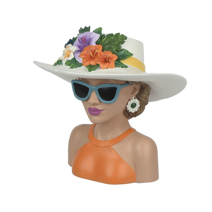 Vaso decorativo testa femminile con occhiali in poliresina