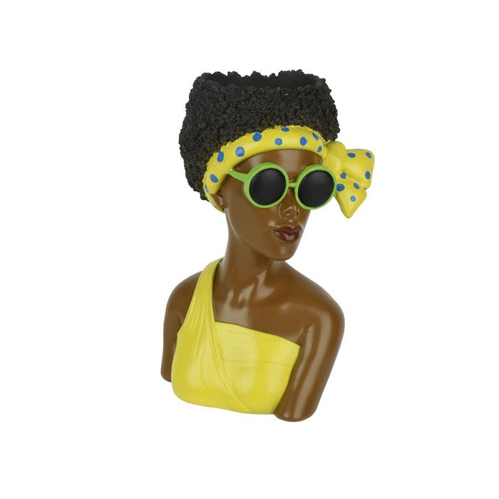 Vaso decorativo testa femminile con occhiali in poliresina giallo 26 cm