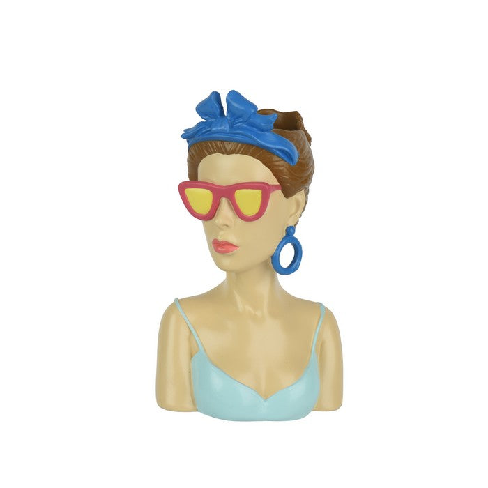 Vaso decorativo testa femminile con occhiali in poliresina blu 26 cm