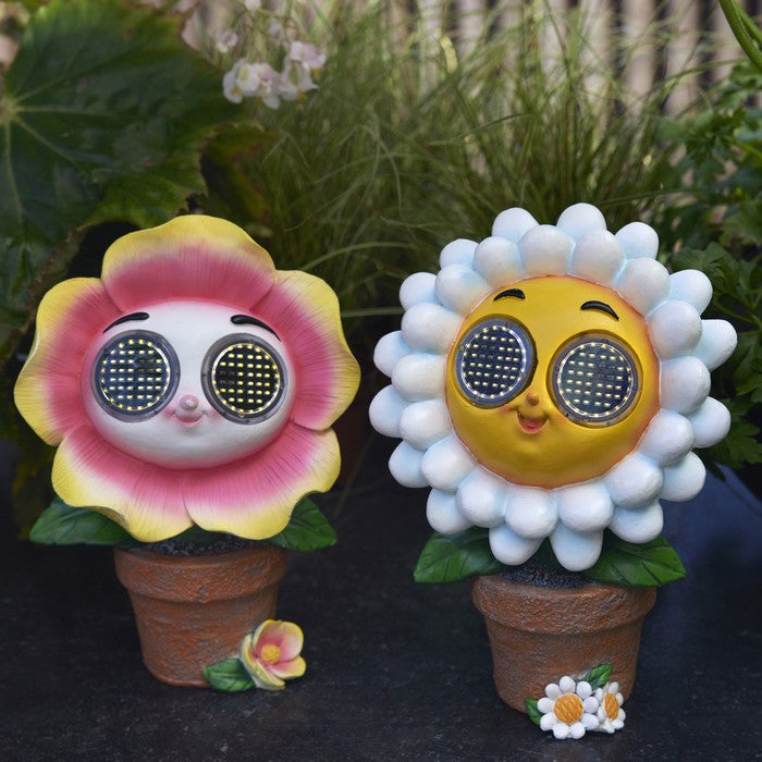 Piantina artificiale in resina con occhi LED a luce solare fiore rosa