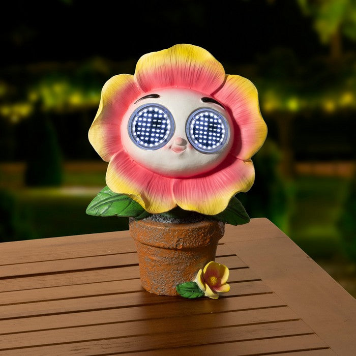 Piantina artificiale in resina con occhi LED a luce solare fiore rosa