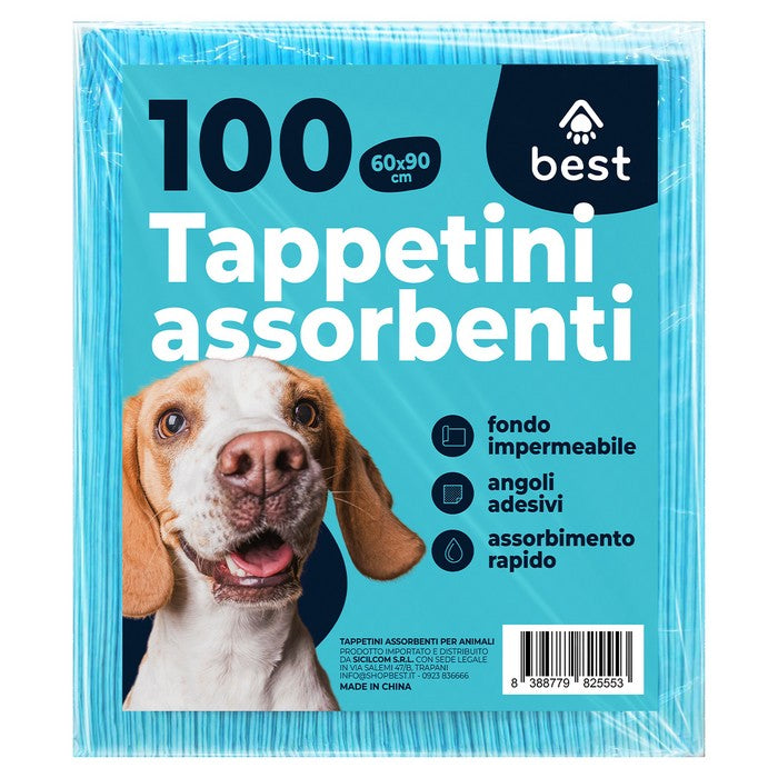 Confezione 100 tappetini assorbenti per animali domestici 60x90 cm con angoli adesivi