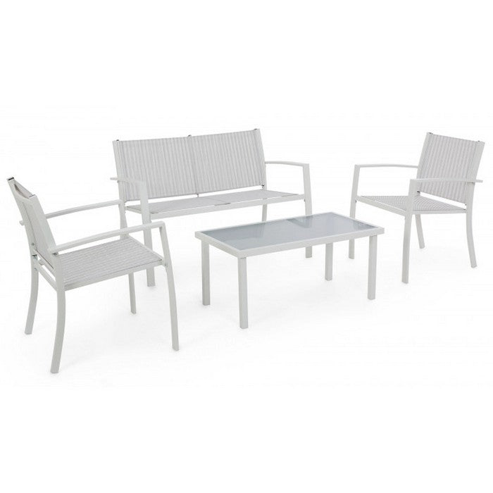 Salotto da giardino in metallo e textilene con divano, 2 poltrone e tavolino - Elim