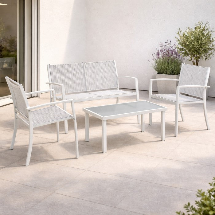 Salotto da giardino in metallo e textilene con divano, 2 poltrone e tavolino - Elim